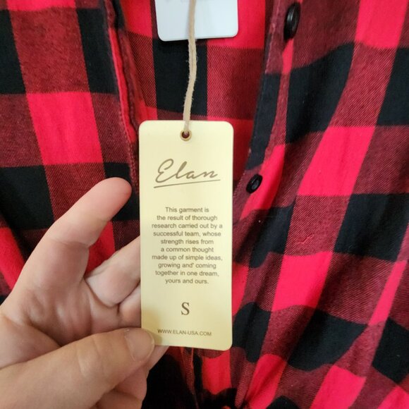 Red & Black Plaid Button-Up Shirt Dress With Waist Tie - Elan small - Picture 3 of 3
